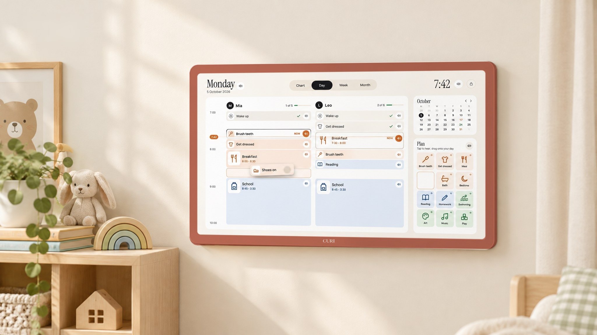 CURI TIME BOX on a nursery wall beside a toy shelf