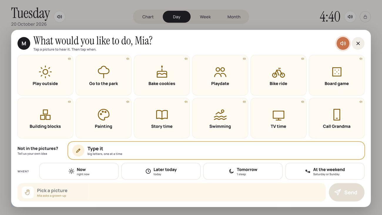 The wall: What would you like to do, Mia? with twelve picture wishes and a choice of when