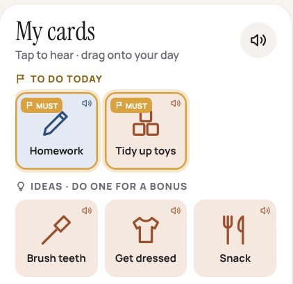 My cards on the wall: Tap to hear, drag onto your day, with a speaker on every card