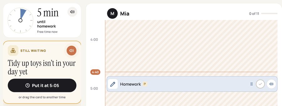 The wall clock card: 5 min until homework, free time now