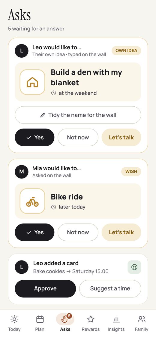 Parent app Asks tab with five asks waiting
