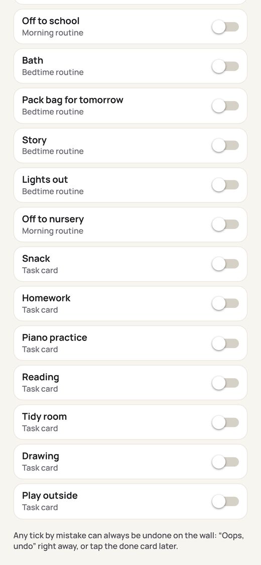 Parent app: grown-up checks, a switch for each task