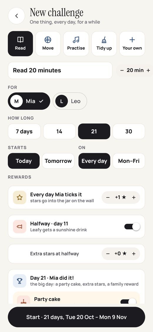 Parent app: new challenge, Read 20 minutes for Mia, 21 days, with halfway and Day 21 rewards