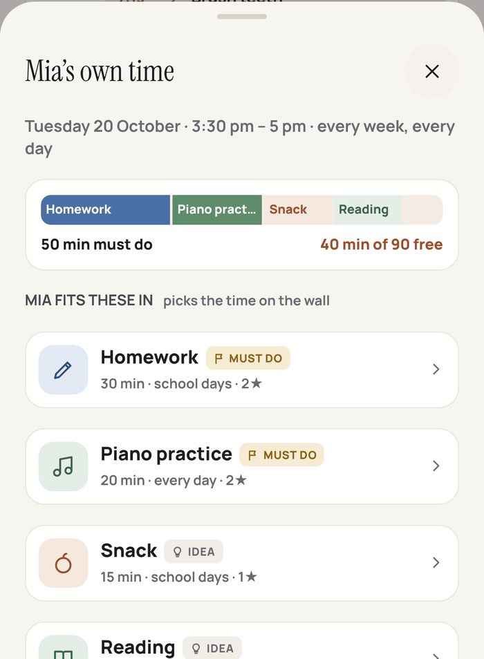 Parent app: Mia's own time, 3:30 to 5 pm, with Homework and Piano practice marked Must do and Snack and Reading marked Idea