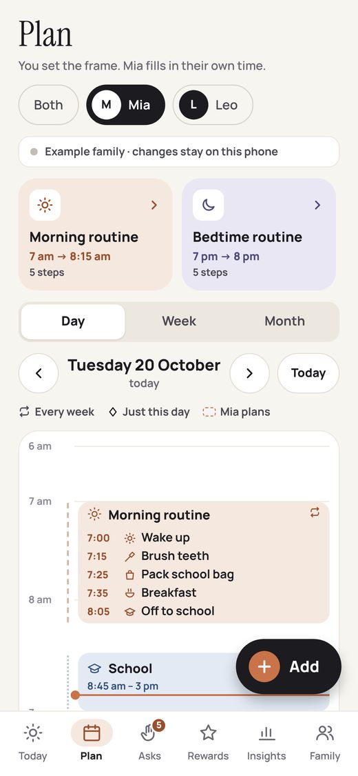 Parent app Plan tab: You set the frame. Mia fills in their own time.