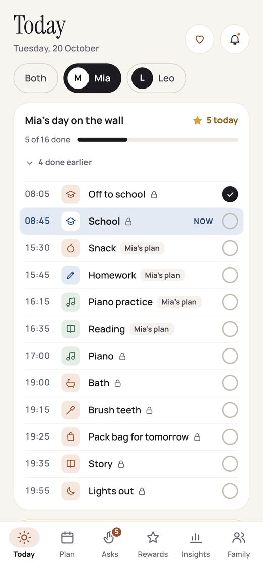 Parent app Today tab: Mia's day on the wall, 5 of 16 done