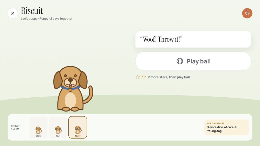 Biscuit, Leo's puppy: Woof! Throw it! Play ball, 2 more stars then play ball, growth album