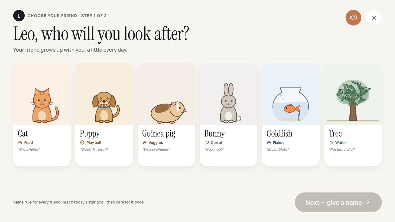 Choose your friend on the wall: Leo, who will you look after? Cat, Puppy, Guinea pig, Bunny, Goldfish or Tree