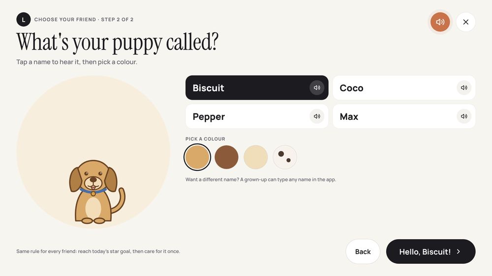 What's your puppy called? Biscuit, Coco, Pepper or Max, and a colour