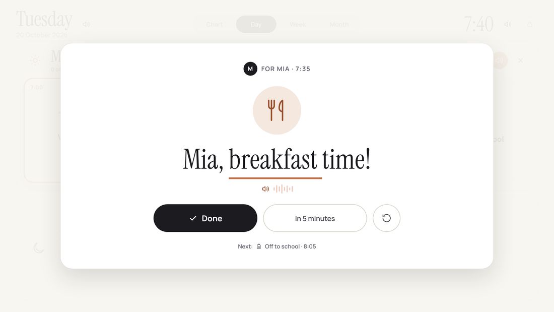 Reminder on the wall: Mia, breakfast time! with Done and In 5 minutes