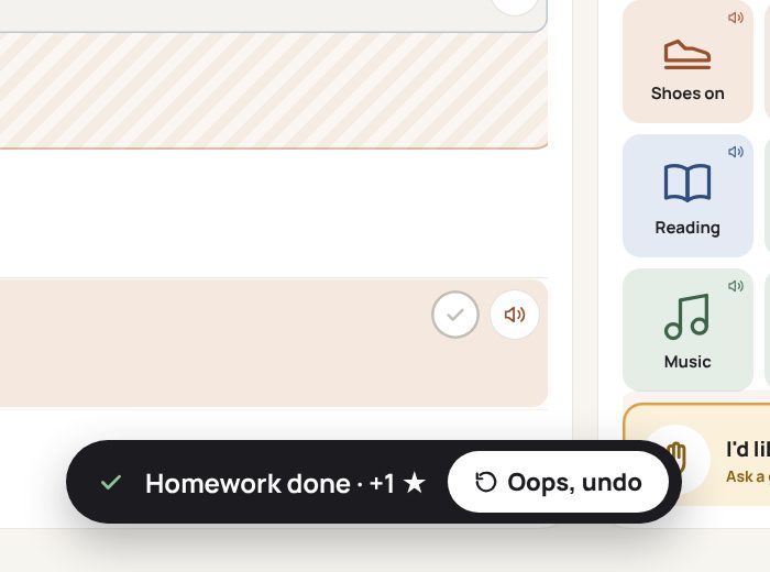 Toast on the wall: Homework done, +1 star, Oops, undo