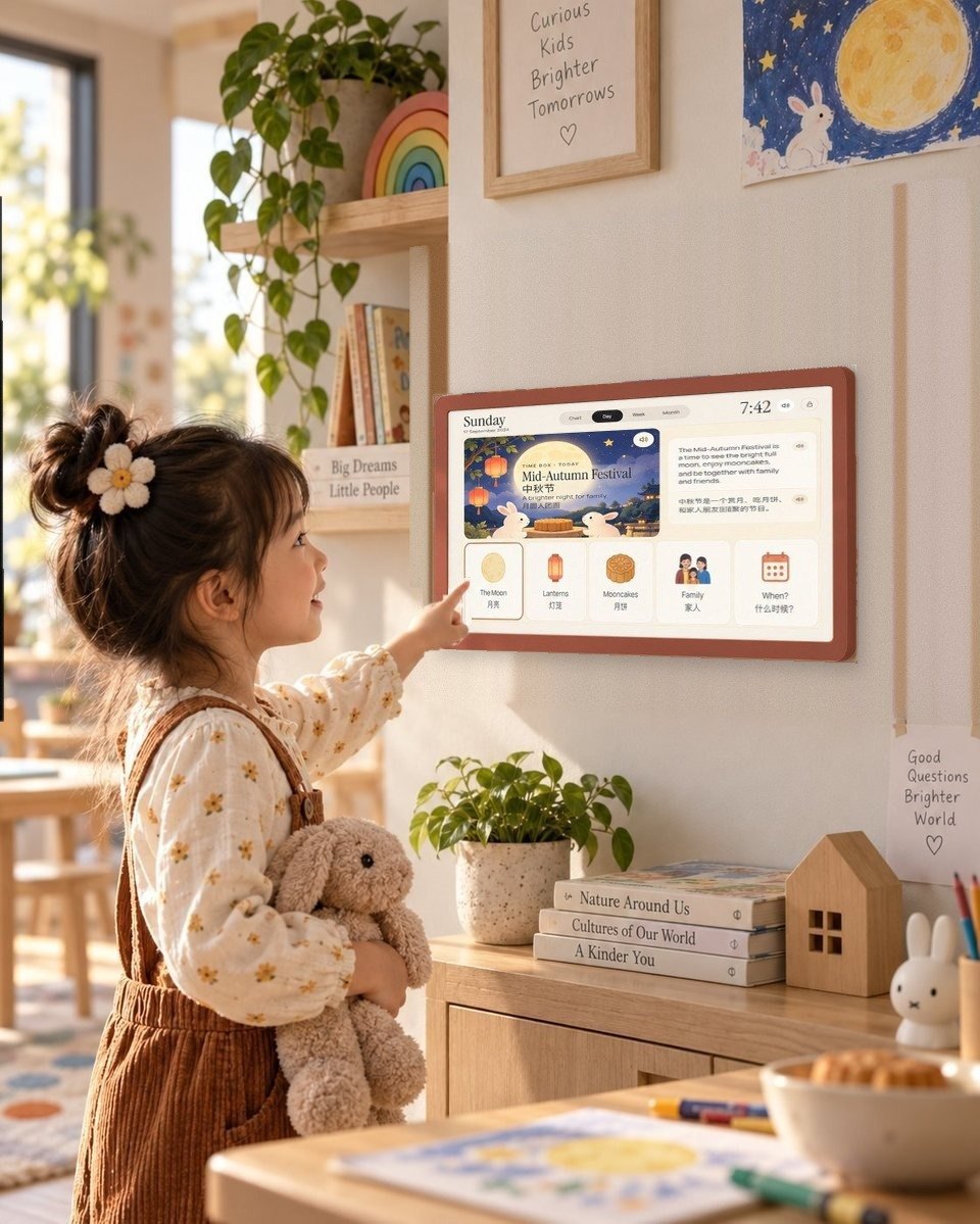 A girl points at the Mid-Autumn Festival Time Window